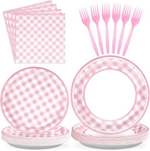 96 Pcs Pink Gingham Party Supplies 350 GSM Disposable Pink and White Buffalo Checked Paper Plates and Napkins Tableware Set for BBQ Picnic Baby Shower Birthday Party Decorations Serves 24