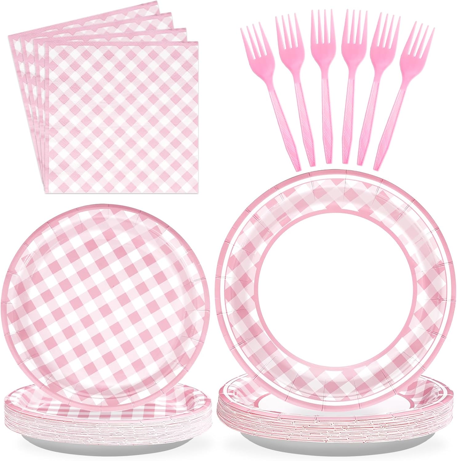 96 Pcs Pink Gingham Party Supplies 350 GSM Disposable Pink and White Buffalo Checked Paper Plates and Napkins Tableware Set for BBQ Picnic Baby Shower Birthday Party Decorations Serves 24