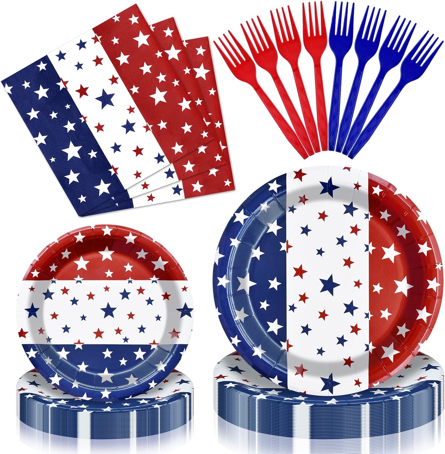 96 Pieces Patriotic Tableware Set Party Supplies - American Flag Pattern Disposable Dinnerware with Paper Plates, Napkins, Forks for Fourth of July, Memorial Day, Veterans Day, BBQ Picnic Favors
