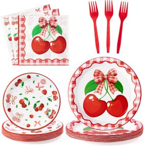 96Pcs Cherry Party Plate Supplies - Cherry Coquette Bow Tableware Decoration Fruit Disposable Paper Plate Napkin Fork for Summer Picnics Birthday Baby Shower, Serves 24 Guests