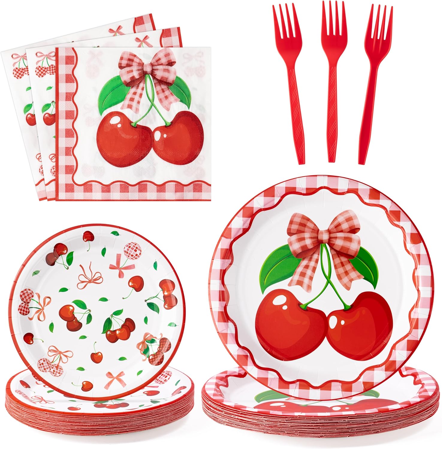 96Pcs Cherry Party Plate Supplies - Cherry Coquette Bow Tableware Decoration Fruit Disposable Paper Plate Napkin Fork for Summer Picnics Birthday Baby Shower, Serves 24 Guests