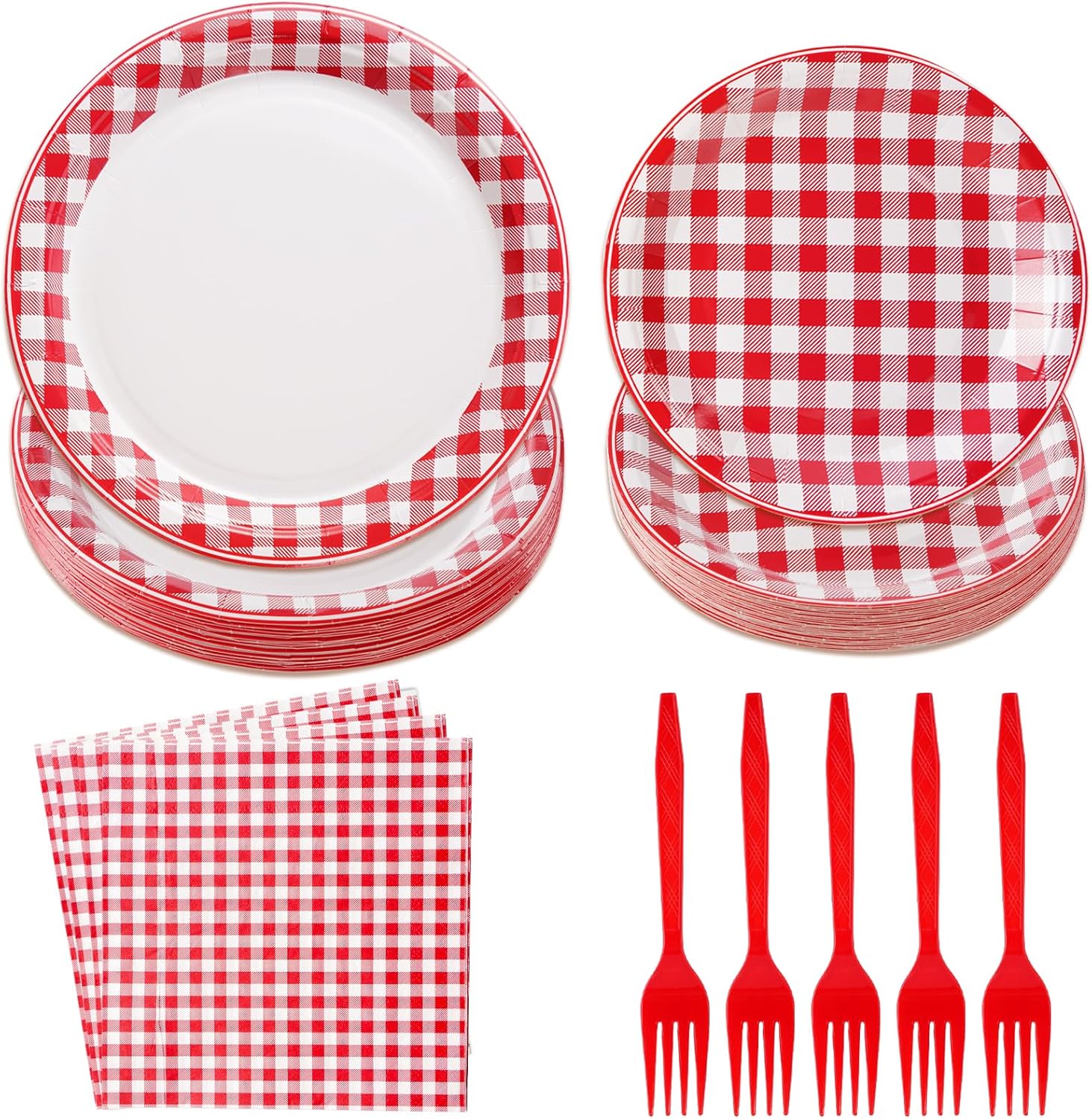 96Pcs Red and White Gingham Party Decorations Red White Buffalo Checked Plaid Plates and Napkins Picnic Tableware for Summer BBQ Picnic Baby Shower Birthday Family Dinner Party Supplies, Serves 24