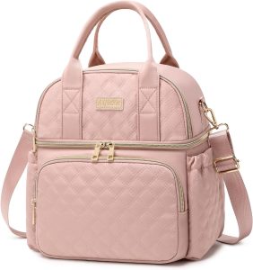 AIJIEKE Lunch Bag for Men Women, Dual Compartment Lunch Box Insulated Lunch Bags, Large Adult Double Deck Leak Proof Lunch Tote Cooler with Adjustable Shoulder Strap for Work Picnic Beach Hiking, Pink