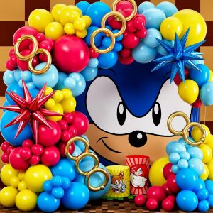 ALL-IN-1 Hedgehog Balloon Arch Kit with BONUS Rings & Starburst Balloons - Red Blue Yellow Balloons Garland for Cartoon Hedgehog Birthday Party Decorations & Party Supplies - Somic Party Decorations S