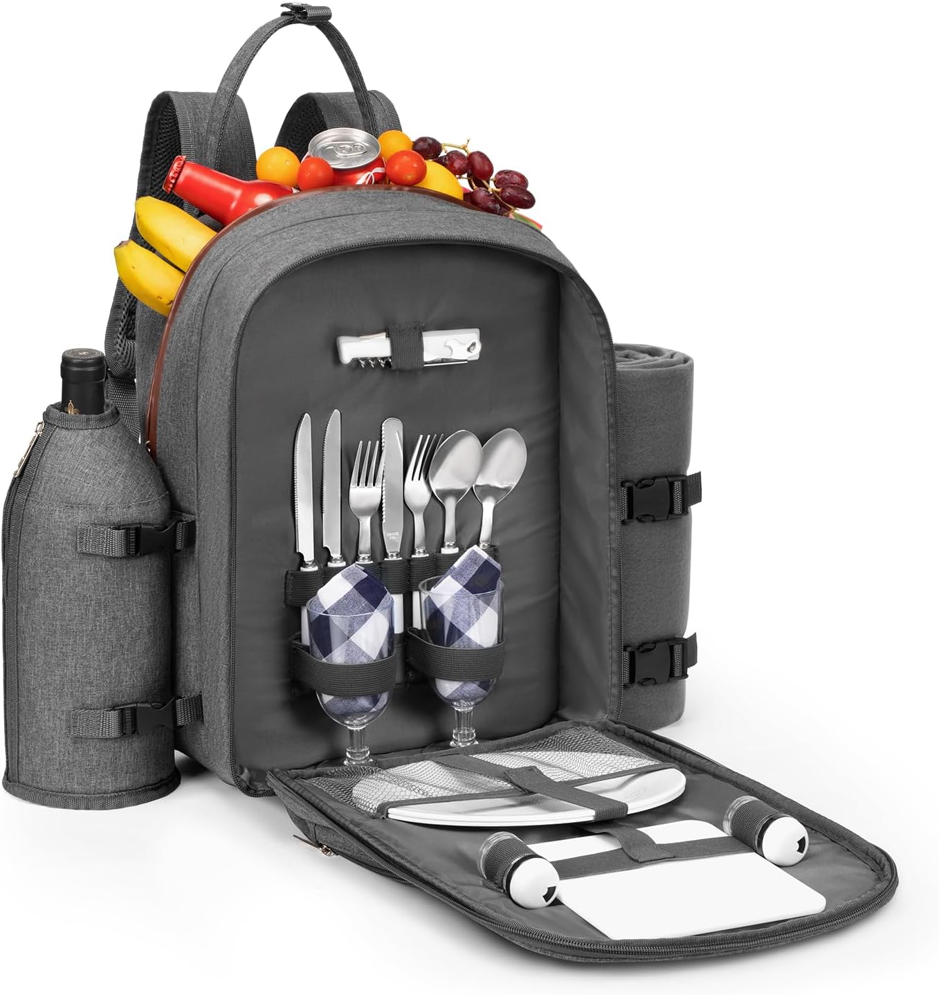 ALLCAMP OUTDOOR GEAR Picnic Backpack for 2 Person W/ Detachable Bottle/Wine Holder, Fleece Blanket, Plates and Cutlery Set (Grey)