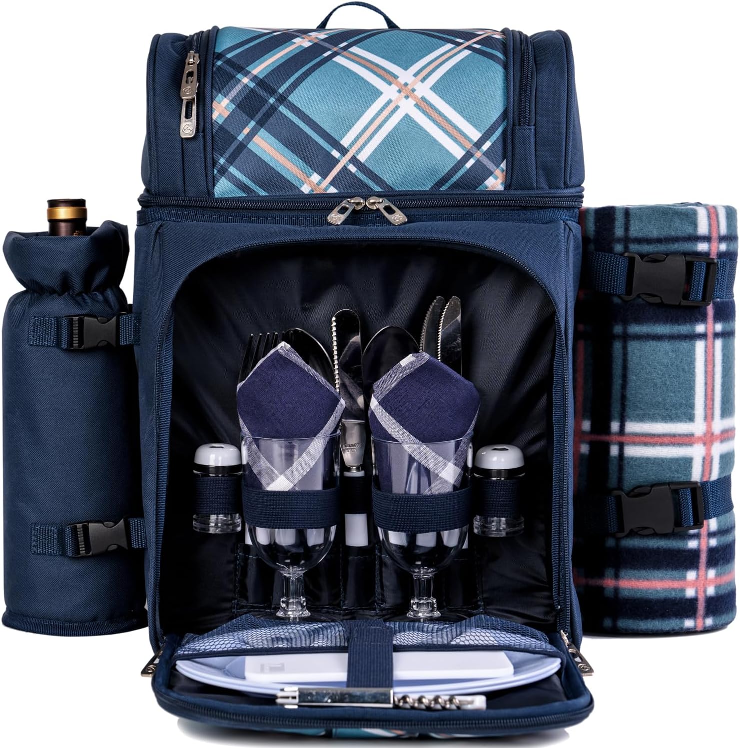 ALLCAMP Picnic Basket Backpack Cooler for 2 Person with 2 Insulated Cooler Compartment,Detachable Bottle/Wine Holder, Fleece Blanket, Plates and Cutlery for Family,Couple and Friend Gatherings (Blue)
