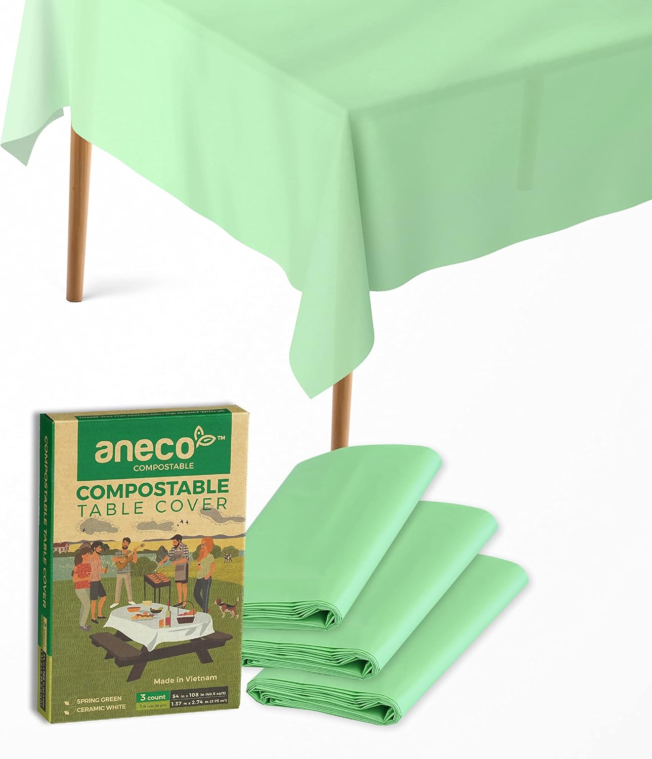 ANECO 100% Compostable Tablecloths for Rectangle Tables (54''x108'', 3 Count) - Green Disposable Rectangular Tablecloth - Anti-Plastic Table Cover for Outdoor, Party, Picnic, Wedding