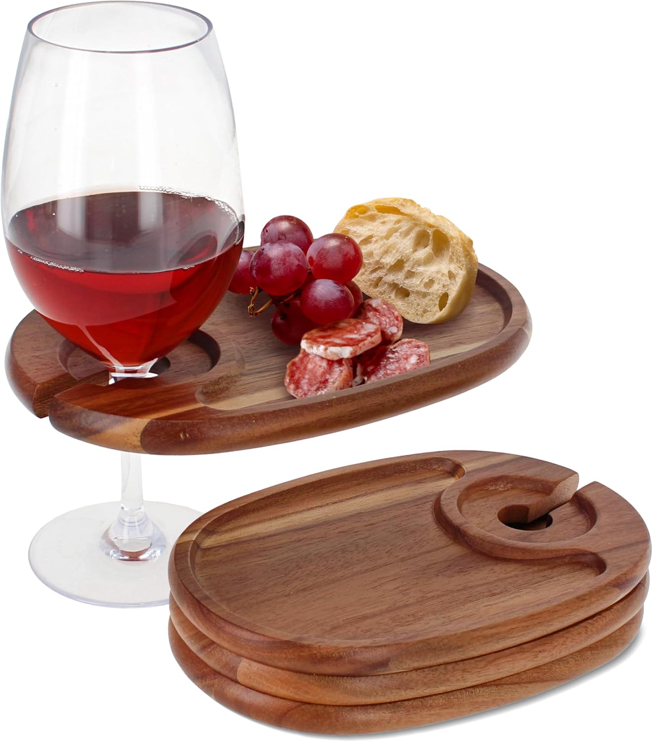 Acacia Wood Appetizer Plates Set of 4 - Acacia Mini Cheese Boards with Wine Glass Holder, Wooden Cocktail Plates