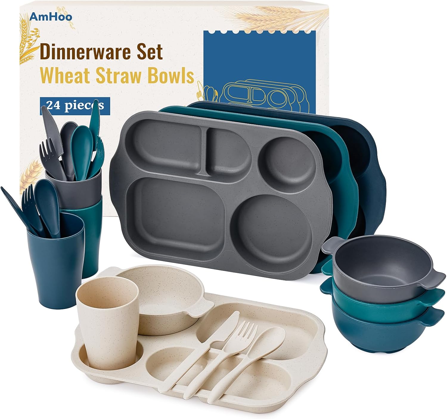 AmHoo 24 Pcs Wheat Straw Dinnerware Cutlery Set Including Kids Toddlers Divided Plates Bowl Microwave Dishwasher Safe Unbreakable Tableware Spoon Knife Fork Cup-Beige,Grey,Teal,Dark Blue