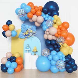 Amandir 153pcs Blue Orange Balloon Garland Arch Kit, Different Sizes 18 12 10 5 inch Navy Blue Yellow Latex Pearlescent Confetti Balloons for Girl Boys Blue Birthday Party Baby Shower Decorations