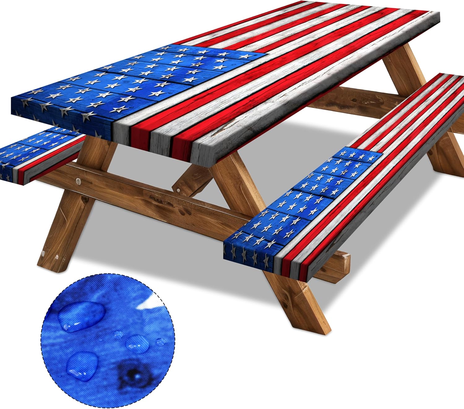 American Flag Picnic Table Cover with Bench Covers Set Wood Texture Waterproof Windproof Camping Rectangle Tablecloths Fitted Picnic Table Cover for Outdoor,Picnic,Camping (Red, 3pcs-72" x 30")