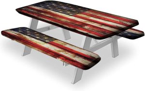 American Flag Picnic Table Fitted Tablecloth Cover, Symbolism over Old Rusty Tones Weathered Vintage Social Plank Artwork Table Cloth, 28x72 In, 3 Piece Set, for Outdoor, Camping, Picnics Parties Use