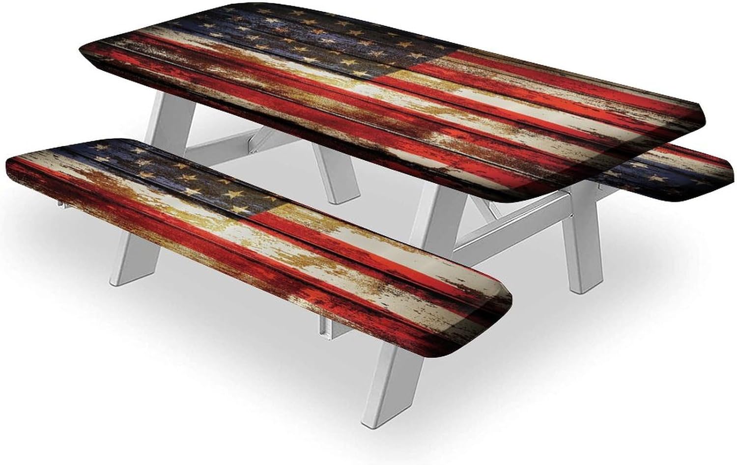 American Flag Picnic Table Fitted Tablecloth Cover, Symbolism over Old Rusty Tones Weathered Vintage Social Plank Artwork Table Cloth, 28x72 In, 3 Piece Set, for Outdoor, Camping, Picnics Parties Use