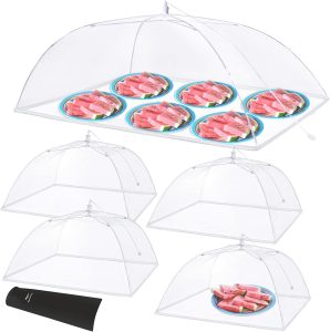 Anpro Food Covers for Outdoors - 1 Extra Large (40"x25") + 4 Large (17"x17") Pop-Up Mesh Food Tents, Collapsible Reusable Bug-Proof Nets for Picnics, BBQs & Camping, Stainless Steel Frame