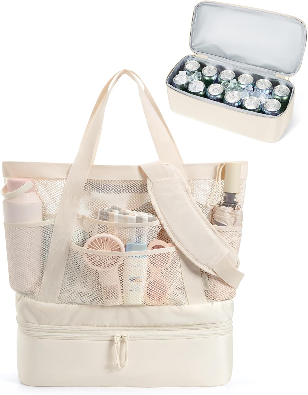 BAGSMART Beach Bag with Cooler, Mesh Beach Tote Bag with Zipper and Pockets Large Packable for Pool Swim Travel Essentials