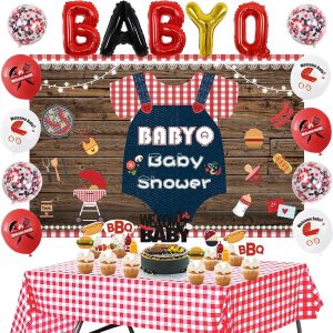 BBQ Baby Shower Decorations, Baby Q Party Decorations with Barbecue Themed Baby Shower Backdrop, Red Checked Tablecloth, Baby Q Cupcake Toppers Foil balloons for Picnic Party Decor