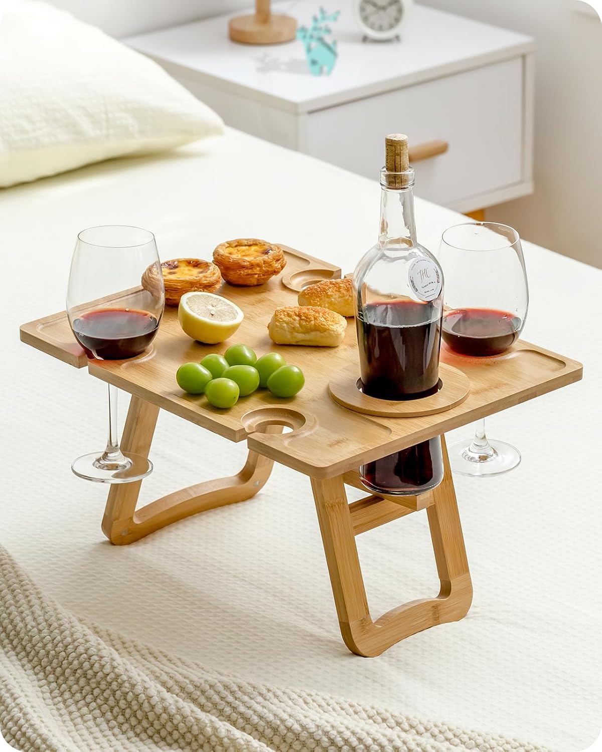 Baffect Picnic Table, Foldable Bamboo Picnic Table with 4 Wine Glass Holders, Portable Cheese and Fruits Board Tray for Camping