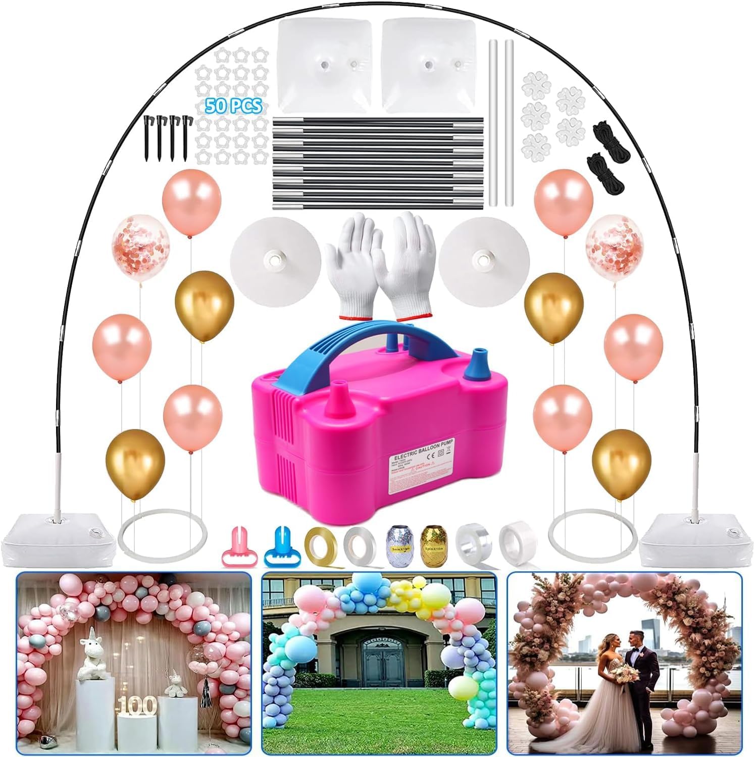 Balloon Arch Kit and Balloon Pump, 10FT Width 9FT Height Adjustable Balloon Arch Stand with NEW DESIGNED 2 Balloon Stands Water Fillable Bases for Wedding Anniversary Birthday Party Baby Shower