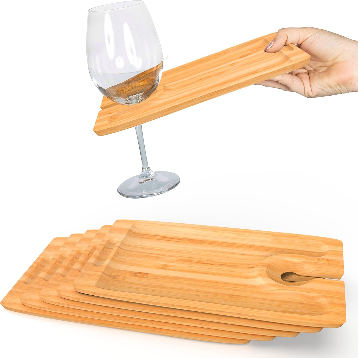 Bamboo Appetizer Plates with Wine Glass Holder - 5 Individual Charcuterie Boards - Mini Trays for Appetizer - Bamboo Cheese Board Set - Portable Wooden Appetizer Plates - Wine Glass Holder for Picnic