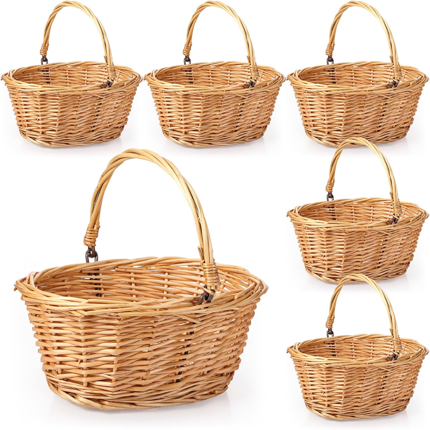 Barydat 6 Pcs Small Wicker Picnic Basket with Handle Flower Girl Baskets Oval Willow Woven Braided Gift Basket for Weddings Baby Shower Summer Home Garden Decor(9" X 7" X 4",Khaki)