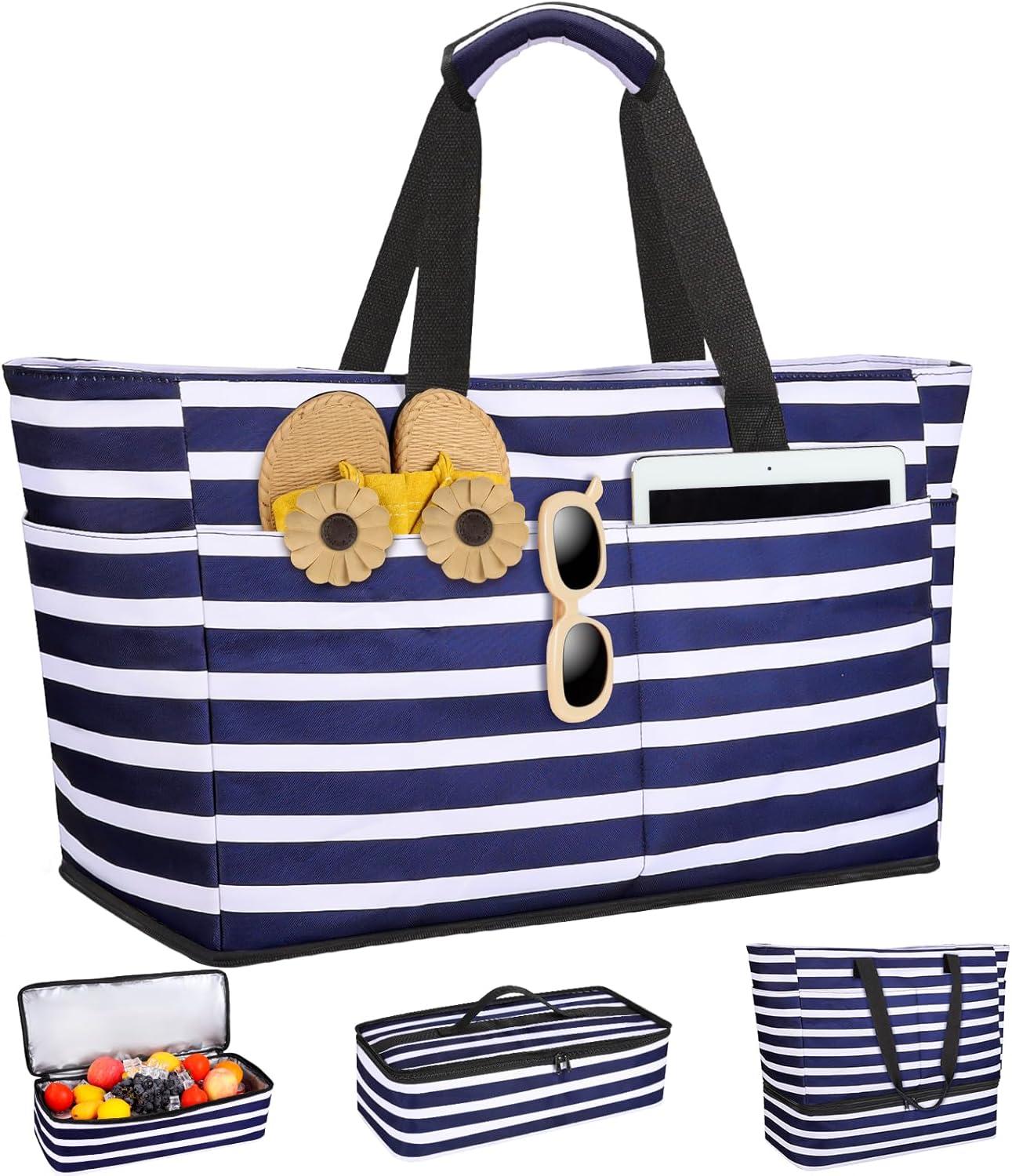 Beach Bag with Cooler, 49L Large Family Beach Tote with Zipper, Waterproof Sandproof Beach Bags for Women and Men, Foldable Lightweight Travel Bag for Pool, Picnic, Gym