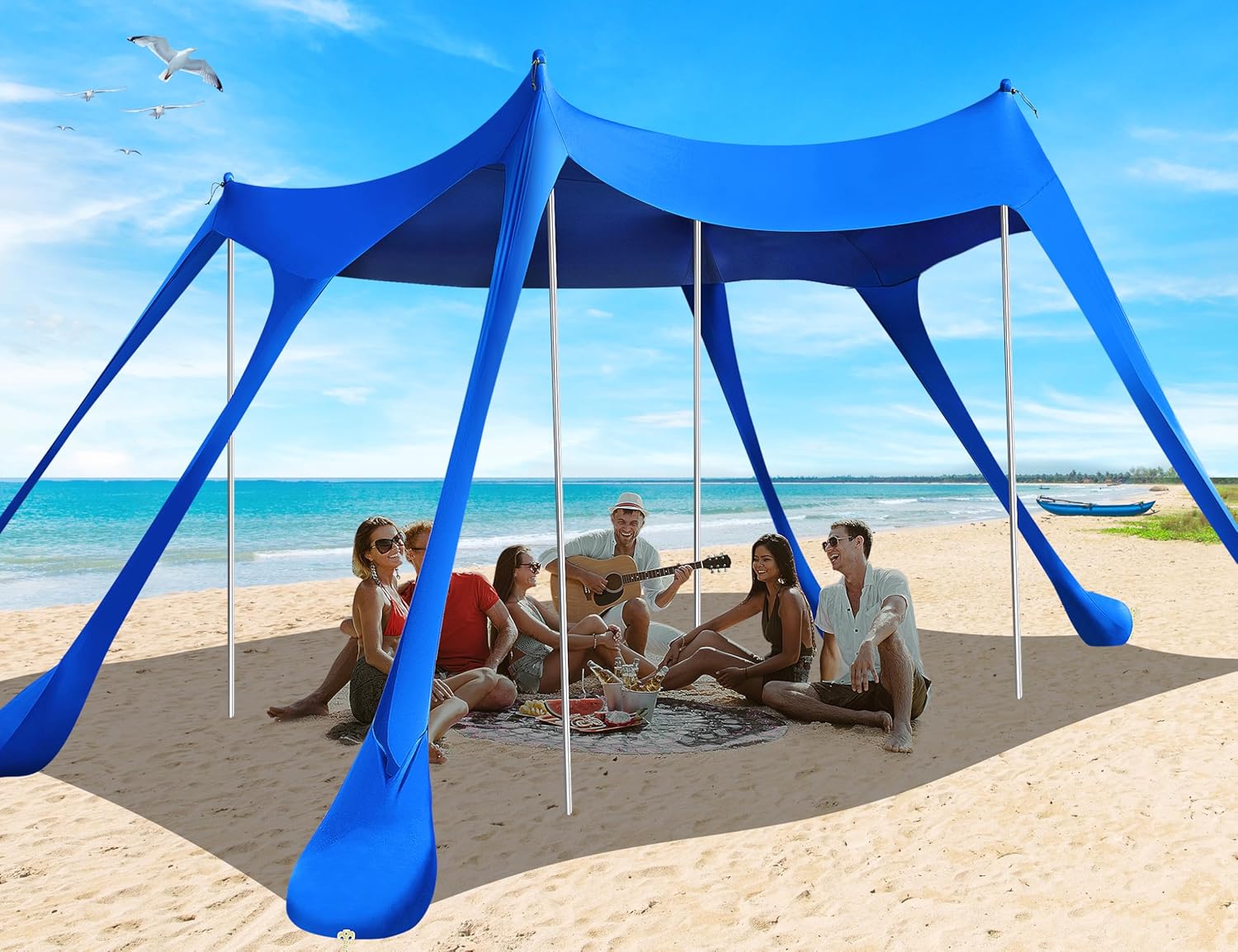 Beach Tent, Camping Sun Shelter UPF50+ with 6 Sandbags, 2 Sand Shovel, 4 Stability Poles, Outdoor Pop UP Beach Canopy for Camping Trips, Fishing, Backyard Fun, Picnics-Dark Blue
