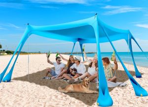 Beach Tent Sun Shelter Sunshade 11x11FT, UPF50+ Beach Canopy Tent Sun Shade with 8 Sandbags & 4 Stability Poles, Outdoor Shade Beach Canopy for Camping, Fishing, Backyard, Picnics (Sky Blue)