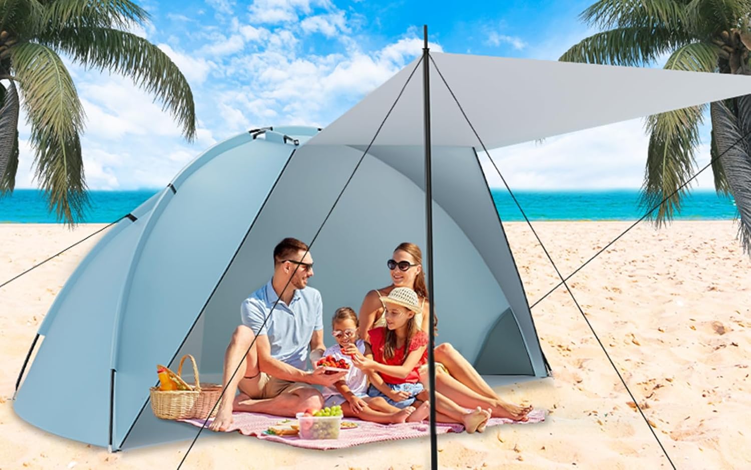 Beach Tent Sun Shelter with Canopy, Portable Sun Shade for 4-6 Person,Easy Setup Beach Shade with UPF 50+ UV Protection, Beach Cabana with Silver Coating for Family Outdoor