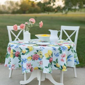 Benson Mills Spillproof Spring/Summer Durable Heavyweight Fabric Indoor Outdoor Tablecloth, Outdoor Washable Table Cloth for Round Tables, Picnic/Patio Table Covers (70" Round, Lemon Bouquet)