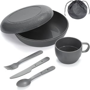 Berglander Camping Mess Kit with Bowl, Plate, Cup, Spoon, Fork, Knife and Carry Bag, Plastic Camping Accessories Essentials Gear for Travel, Camping, Picnic, Outdoor, Easy to Carry & Store