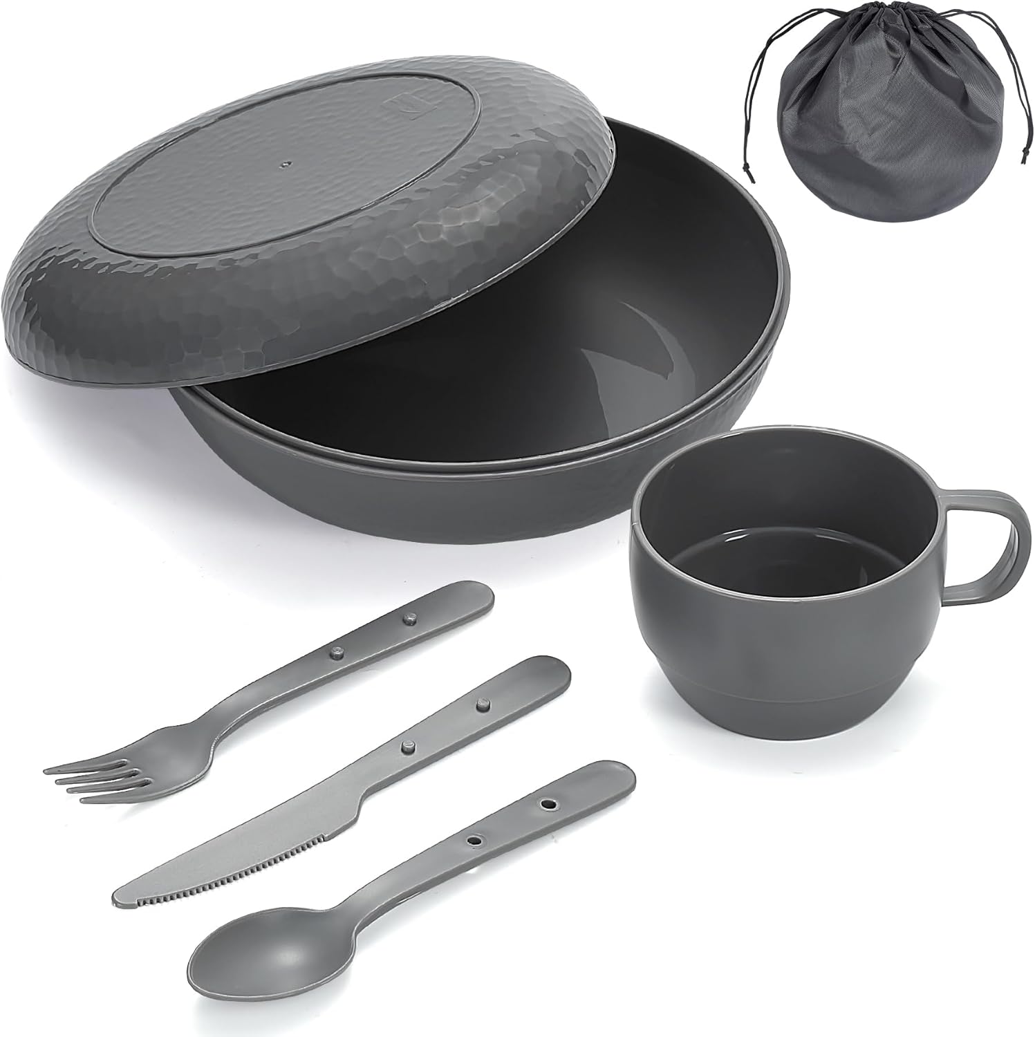Berglander Camping Mess Kit with Bowl, Plate, Cup, Spoon, Fork, Knife and Carry Bag, Plastic Camping Accessories Essentials Gear for Travel, Camping, Picnic, Outdoor, Easy to Carry & Store