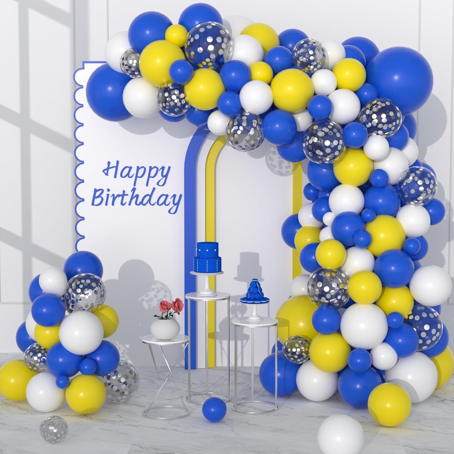 Blue Yellow White Balloon Garland Arch Kit, 116PCS Royal Blue Yellow White Silver Confetti Balloons for Birthday Bridal Baby Shower Wedding Engagement Anniversary Picnic Graduation Party Decorations