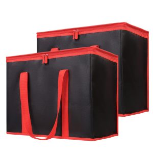 Bodaon 1-Pack Insulated Reusable Grocery Shopping Bags, X-Large Picnic Cooler Bag with Zipper Zippered Top Cold, Insulated Food/Pizza Delivery Bag (Black-Red Edge)
