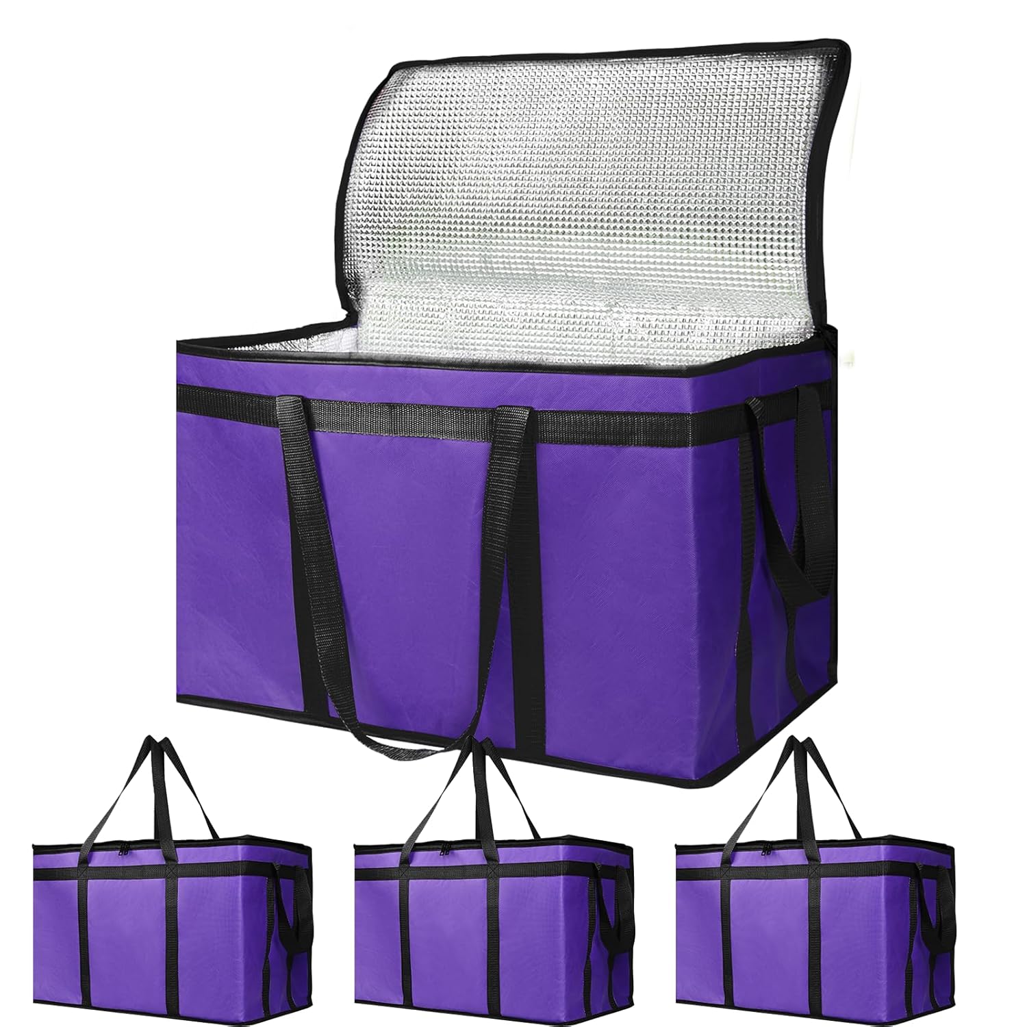 Bodaon 4-Pack Cooler Insulated Food Delivery Bag for Doordash/Uber Eats, XXX-Large Thermal Bags for Catering/Hot Pizza, Travel/Camping/Picnic Basket，Grocery Reusable Warmer Frozen, Purple-Black Edge