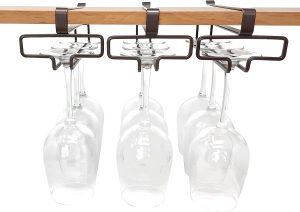 Bronze Wine Glass Holder under Cabinet, Hanging Stemware Rack under Shelf, No Screw No Drill Wine Glass Storage Organizer, Set of 3