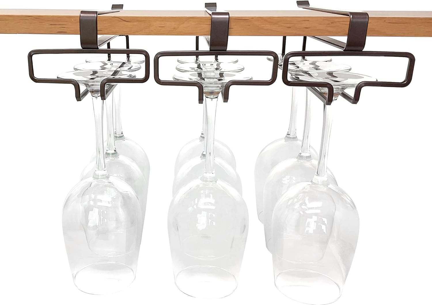 Bronze Wine Glass Holder under Cabinet, Hanging Stemware Rack under Shelf, No Screw No Drill Wine Glass Storage Organizer, Set of 3