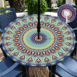 Buwuta Outdoor Tablecloth with Umbrella Hole Waterproof Round Fitted Tablecloth with Elastic Zippered Wipeable Table Cloth Round Cover for Picnic, Patio,Garden Fits to 45"-52" Patio Tables