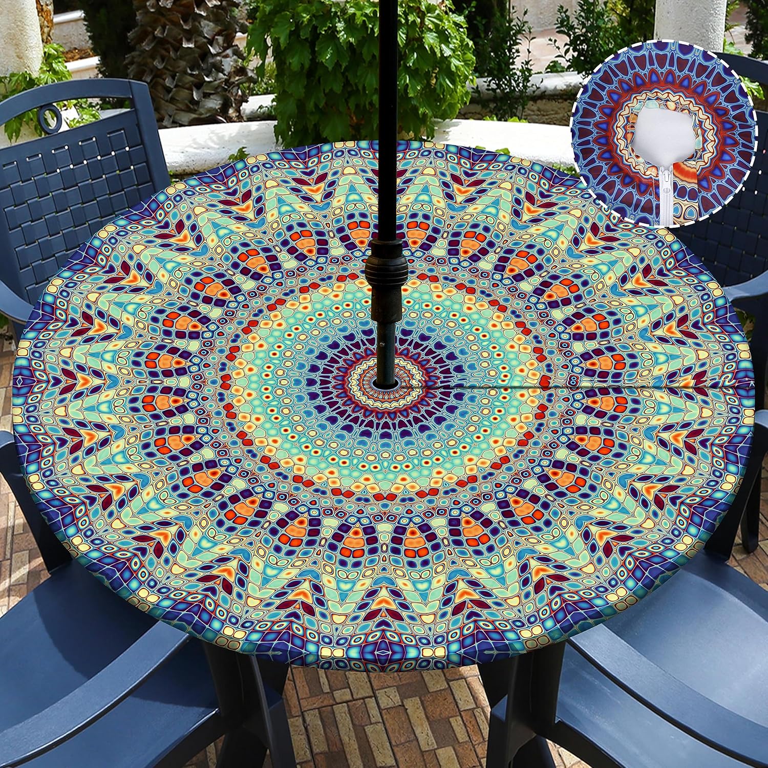Buwuta Outdoor Tablecloth with Umbrella Hole Waterproof Round Fitted Tablecloth with Elastic Zippered Wipeable Table Cloth Round Cover for Picnic, Patio,Garden Fits to 45"-52" Patio Tables