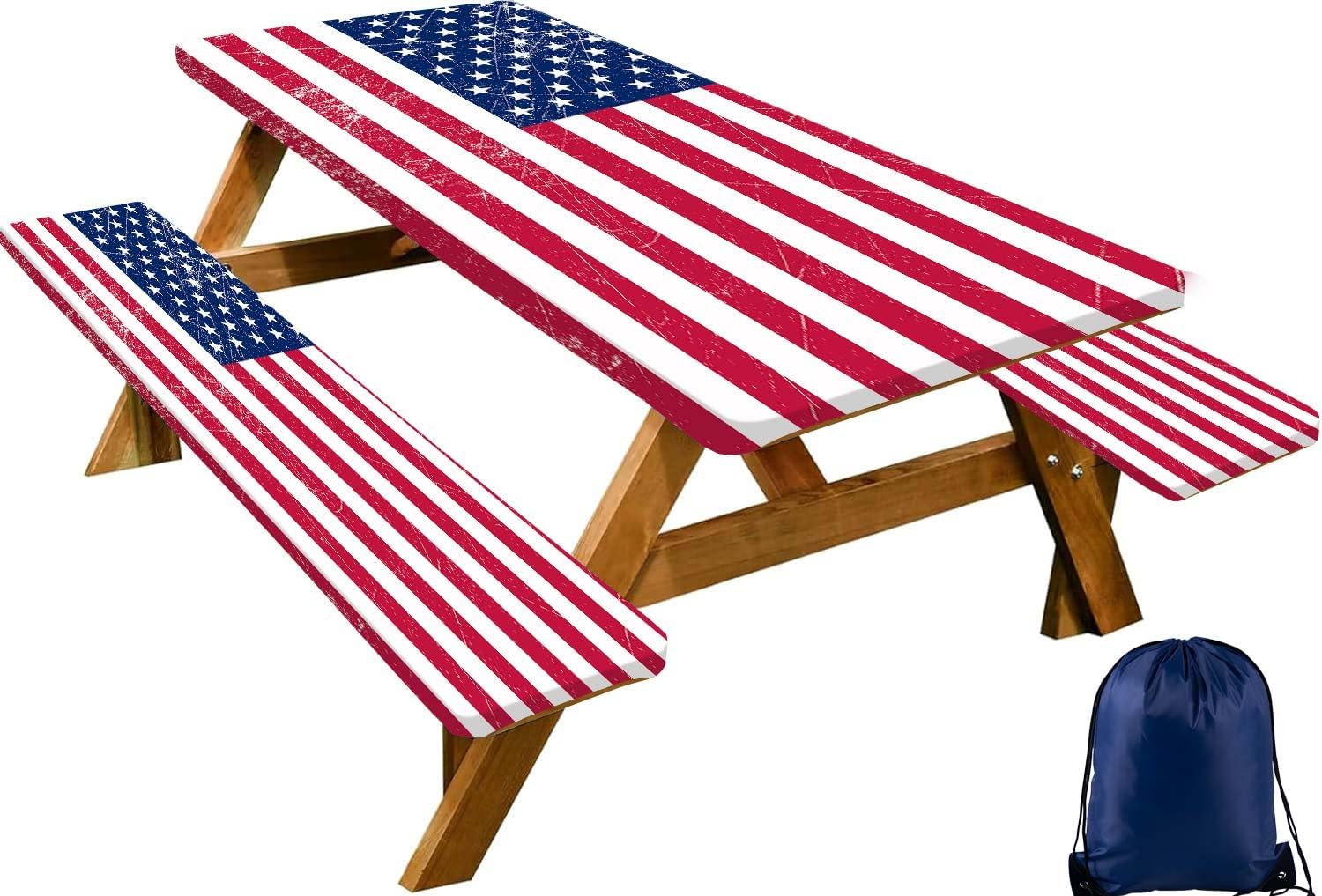CAPSCEOLL Fitted Picnic Table Cover with Bench Covers 4Th of July Waterproof Camping Tablecloth All-Weather Outdoor Table Protector with Drawstring Bag for Camping Essentials, 72X30in, American Flag