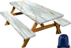 CAPSCEOLL Picnic Table Cover with Bench Covers Elastic Edges, Waterproof Elastic Fitted Tablecloth Cover with Drawstring Bag, Outdoor Camping Tablecloth 72x30 Inch 3PCS, Gold White Grey Marble