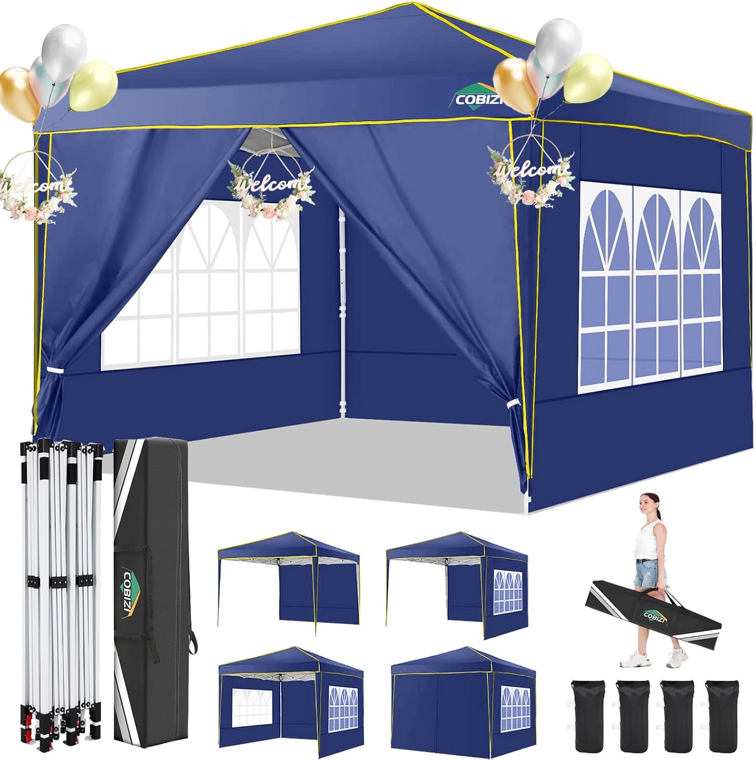 COBIZI 10x10 Pop Up Canopy with 4 Removable Sidewalls, Canopy Tent for Parties Waterproof Wedding Event Tent,Instant Outdoor Gazebos with Church Window,Carry Bag,4 Stakes,Ropes & Sandbags