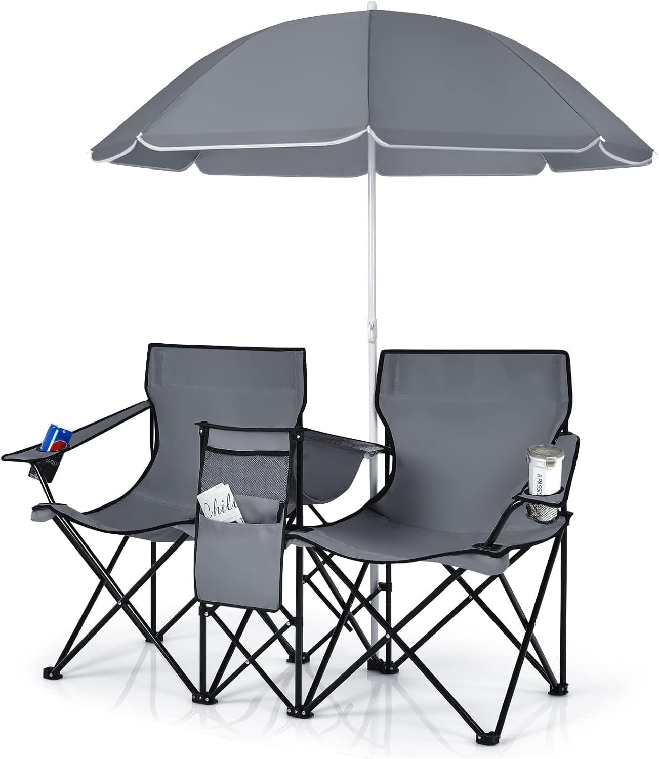 COSTWAY Double Portable Picnic Chairs, Folding Camping Chairs w/Detachable Umbrella, Cooler Bag, Cup Holders, Patio Beach Camping Chairs for Outdoors