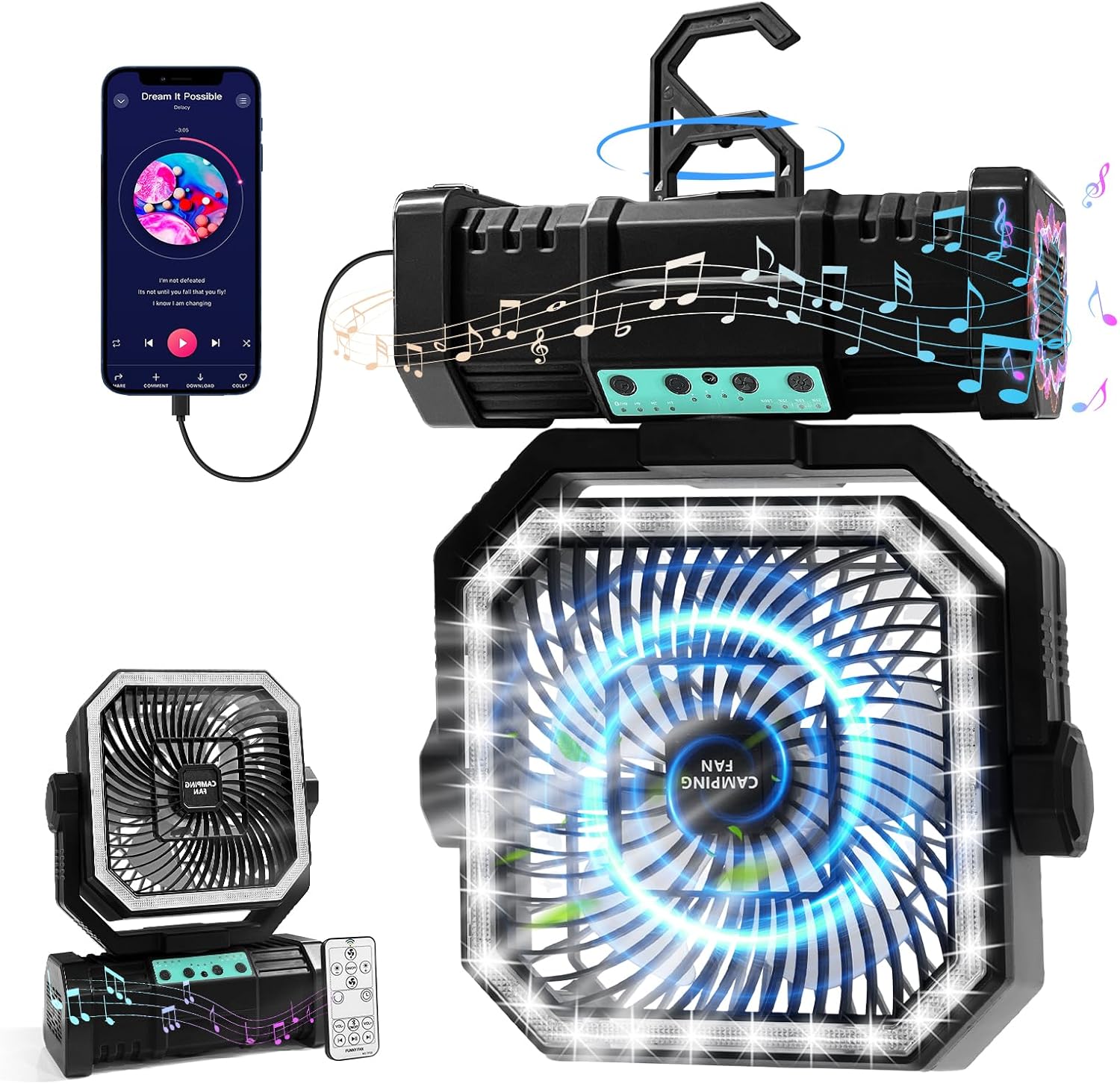 Camping Fan with Bluetooth Speaker Portable Fan,20000mAh Rechargeable Battery Powered Fans,Quiet 4-Speeds, 4-LED Light,360° Hanging Hook for Outdoor Picnic Tent Beach Travel Barbecue, Black