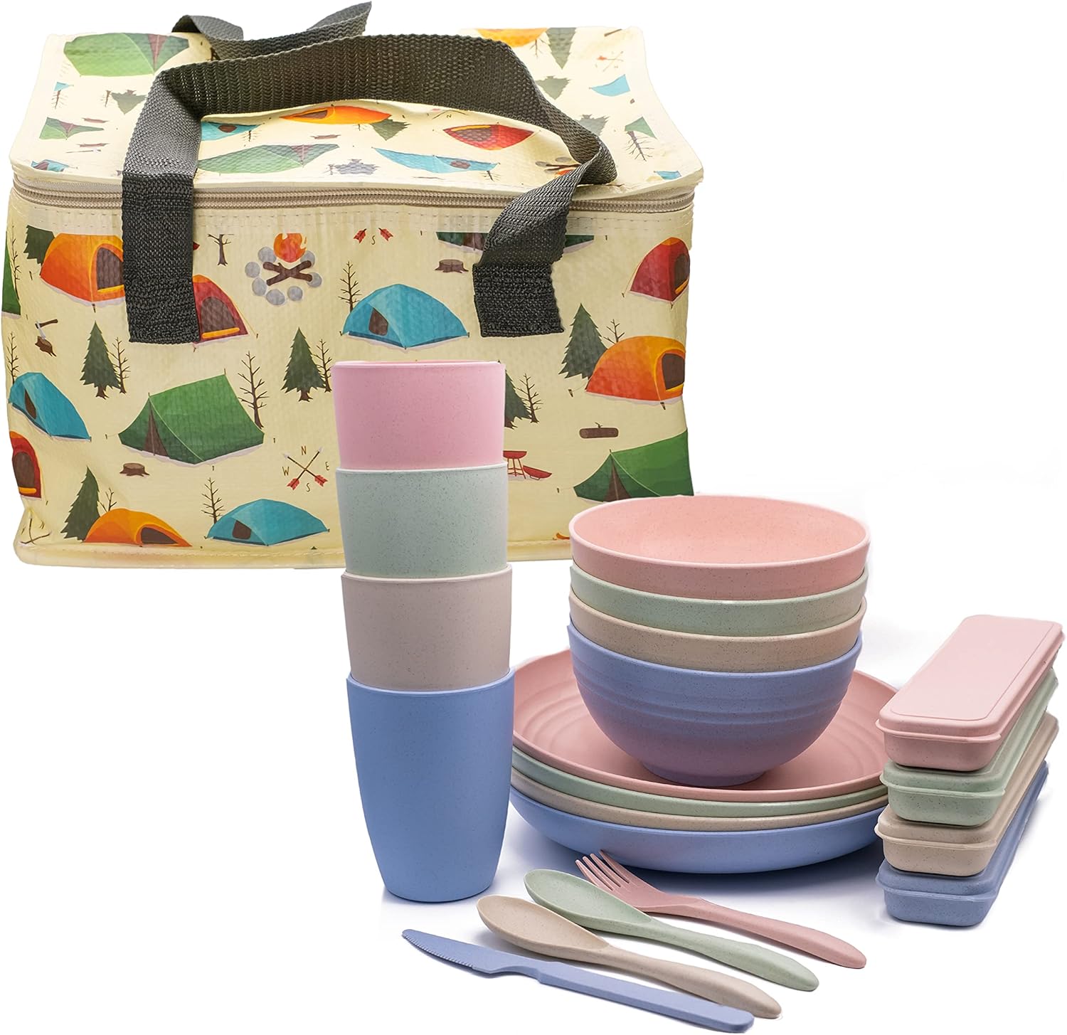 Camping Plates and Bowls Set – 21Pcs Wheat Straw Dinner Set with Dinner Plates, Bowls, Cups and Cutlery – Premium BBQ Set with Cute Colours and Matte Finish – Includes Insulated Bag