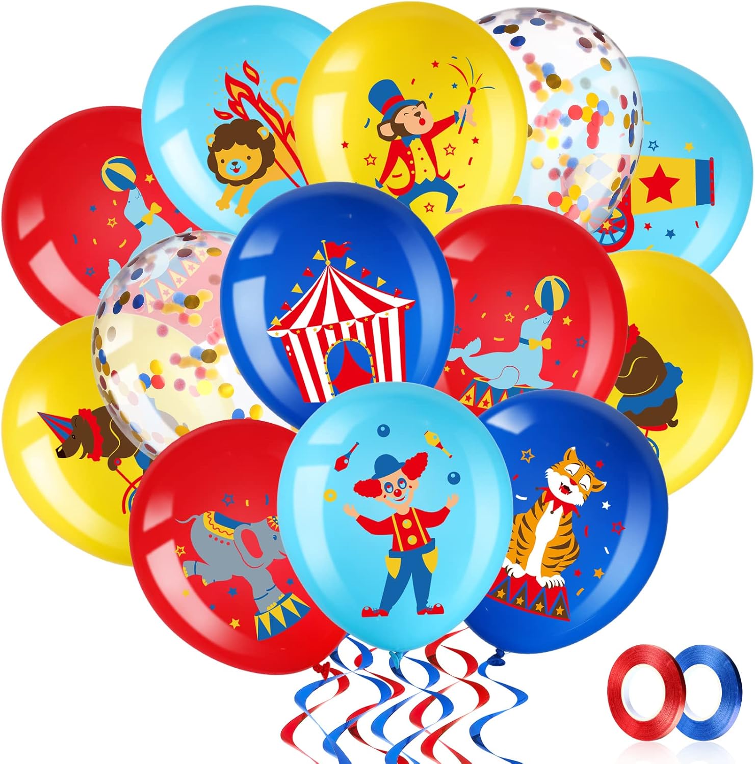 Carnival Theme Party Balloons, 60 Count, 12 inch Diameter, Blue & Red, Latex, Animal Design, for Birthday & Baby Shower, Children & Parents