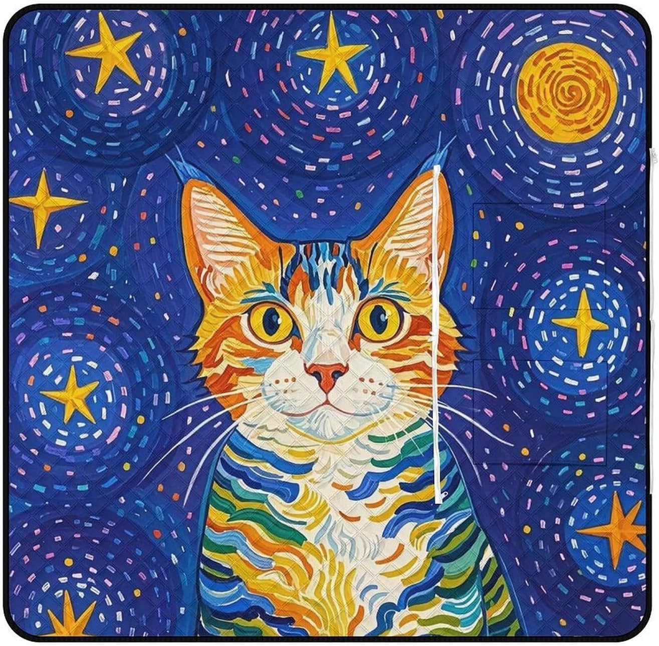 Cat Looking at Stars Picnic Blanket with Zippered Tote Bag, Waterproof Portable Outdoor Blanket, Lightweight Foldable Outdoor Mat for Beach, Camping, Park, 150x150cm