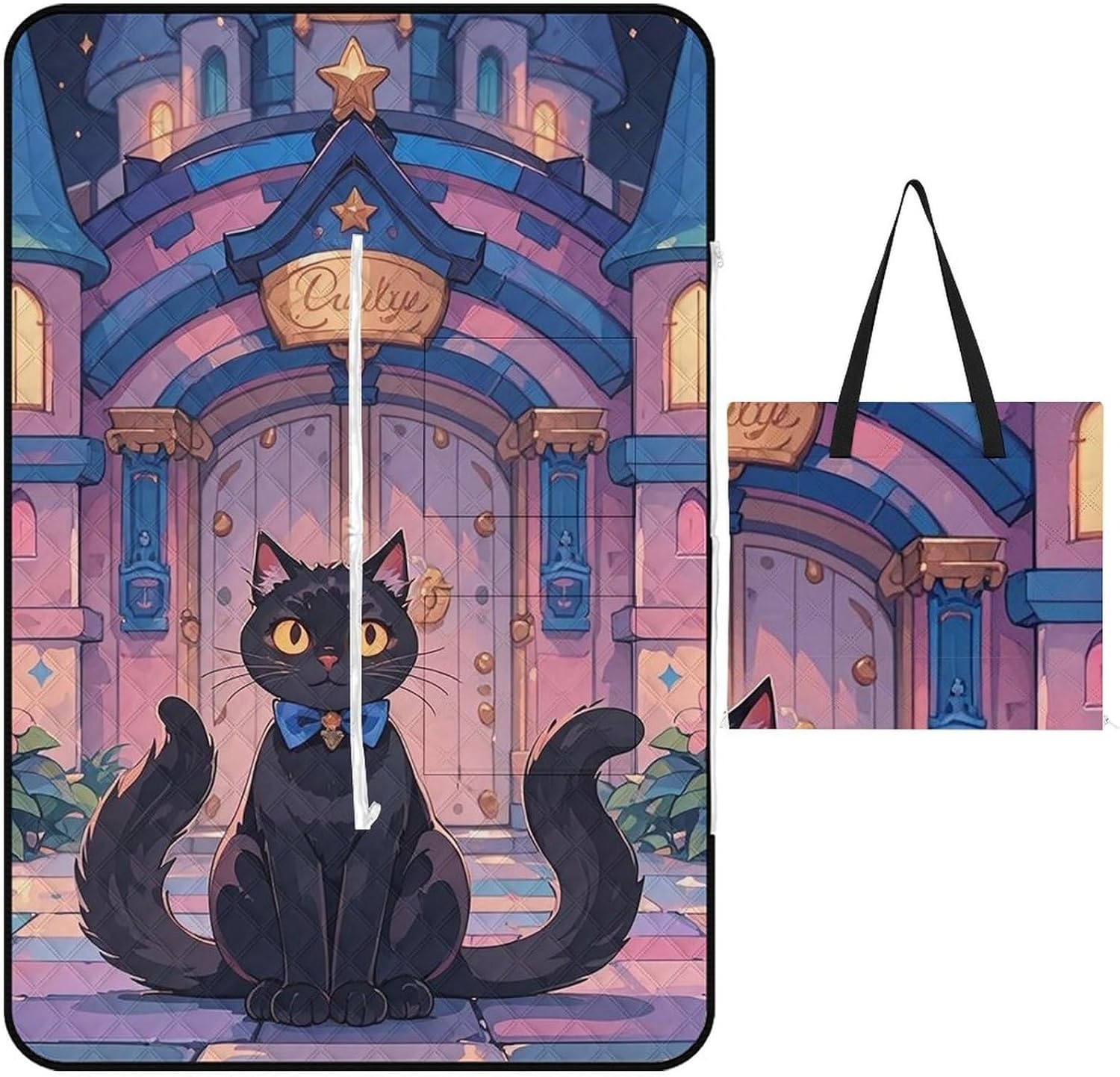 Cat and Magic Castle Gate Picnic Blanket with Zippered Tote Bag, Waterproof Portable Outdoor Blanket, Lightweight Foldable Outdoor Mat for Beach, Camping, Park, 150x100cm