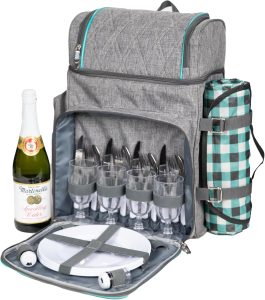 ChamPence Picnic Backpack­ for 4 Person with Waterproof Mat - Portable Picnic Set with Large Insulated Cooler Compartment & Wine Bottle Holder - Perfect for Camping, Hiking, Beach, Travel & More