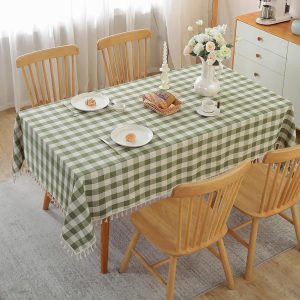 Checkered Rectangle Tablecloth Cotton Linen Fabric Gingham Table Cloth Buffalo Plaid Table Cover with Tassel Wrinkle Free Washable for Kitchen Dining Picnic, Green and White, 55X75''