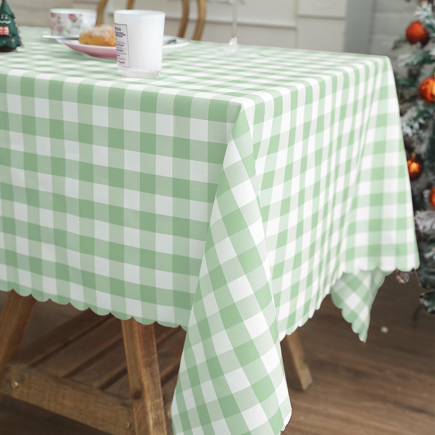Checkered Tablecloth Rectangle, Buffalo Plaid Table Cloth Waterproof Gingham Tablecloths, Washable Durable Table Cover for Dining Outdoor Picnic and Party, 63"x 55", Light Green and White